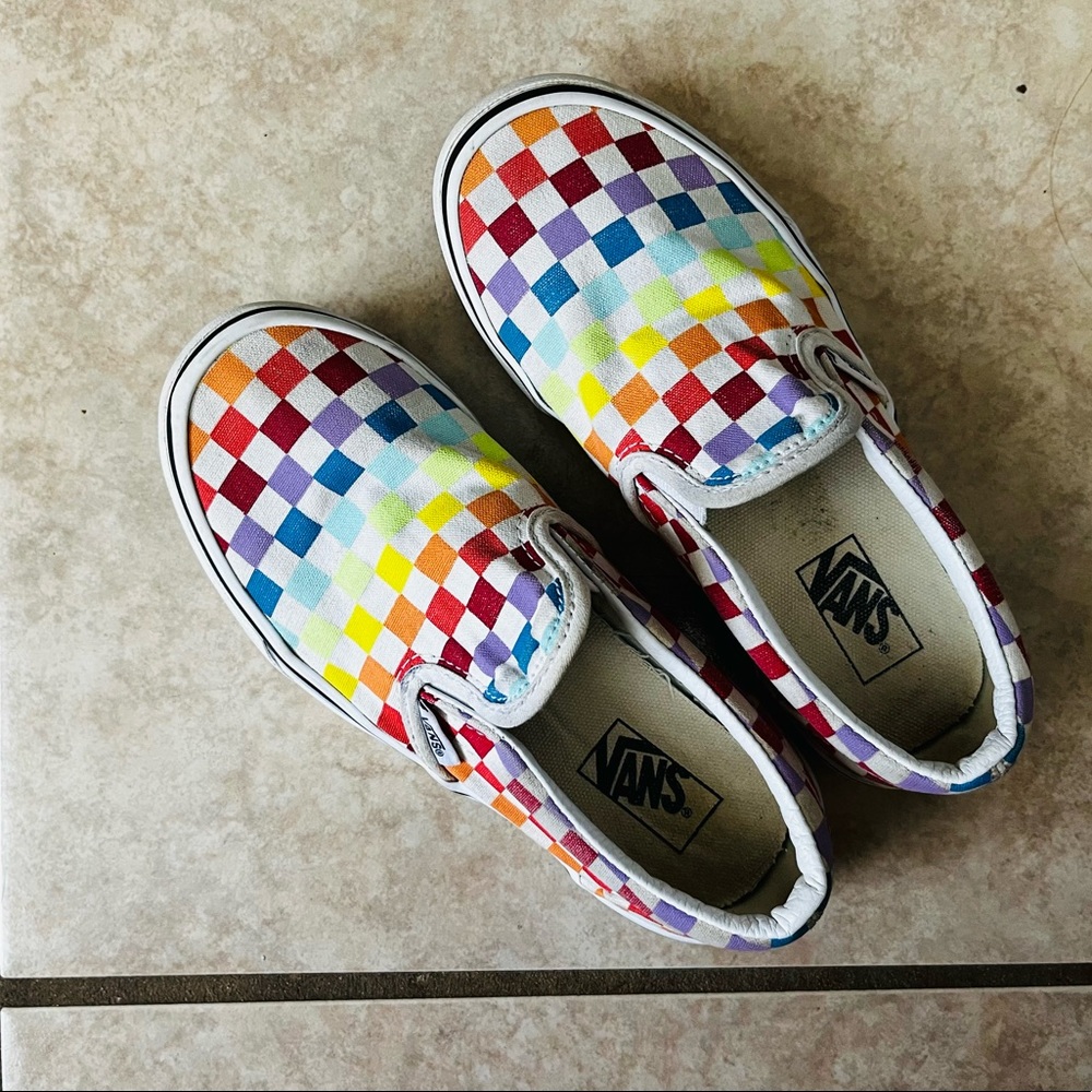 Kids Unisex Rainbow Vans/Checkered Vans/Slip on Vans/ Size 2.5 kids